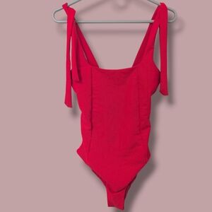 Beach Riot Red Ribbed Tie Shoulder Square Neck Cheeky One-Piece Sydney Swimsuit